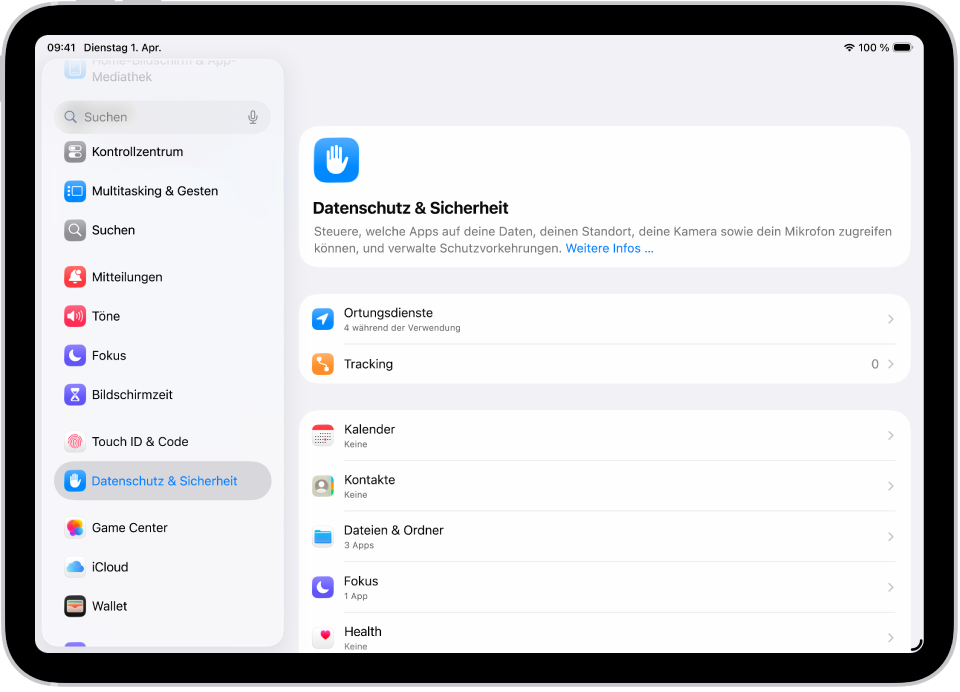 Ein Bildschirm „Einstellungen“ zeigt die Optionen für „Datenschutz & Sicherheit“, wie z. B. „Ortungsdienste“ und „Tracking“.