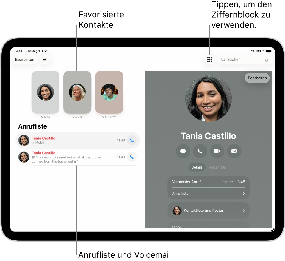 Der Bildschirm „Telefon“ mit den Favoriten auf der linken Seite des Bildschirms. Unter den Favoriten befindet sich eine Liste mit letzten Anrufen und Voicemails. Die Kontaktinformationen werden auf der rechten Bildschirmseite angezeigt und die Taste „Ziffernblock“ befindet sich oben rechts.