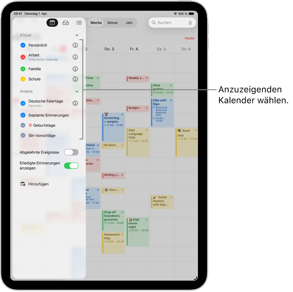 In der Liste „Kalender“ werden die Kalender, die aktiv sind, mit einem Häkchen markiert. Die Taste „Fertig“ zum Schließen der Liste befindet sich in der rechten oberen Ecke. Unten links befindet sich Taste „Hinzufügen“.