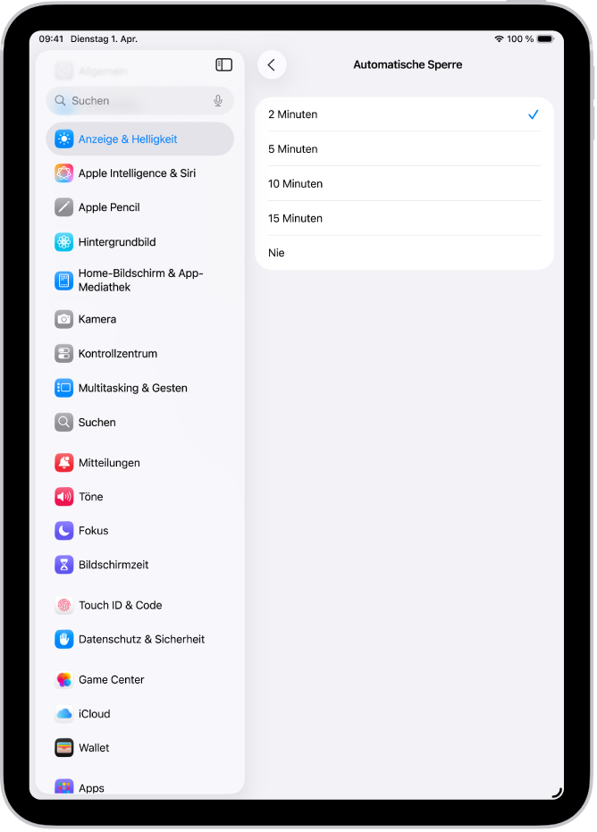 Der Bildschirm „Automatische Sperre“ mit Einstellungen für die Zeitspanne vor der Aktivierung der automatischen Sperre auf dem iPad.