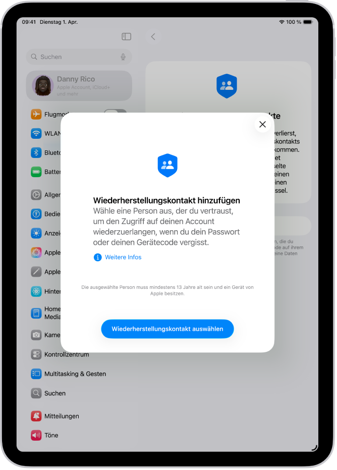 Der Bildschirm „Kontakt für Accountwiederherstellung“ mit Informationen über die Funktion. Die Taste „Wiederherstellungskontakt hinzufügen“ befindet sich unten.