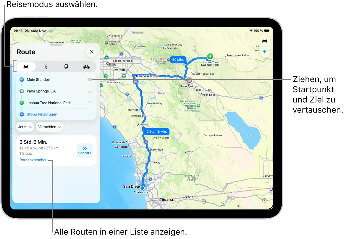 Eine Karte zeigt mehrere mögliche Fahrtrouten zwischen „Mein Standort“ und einem Ziel.