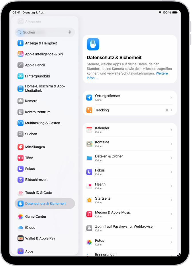 Der Bereich „Ortungsdienste“ in den Einstellungen „Datenschutz & Sicherheit“ mit Optionen für die Freigabe des Standorts deines iPad und Einstellungsoptionen für einzelne Apps.
