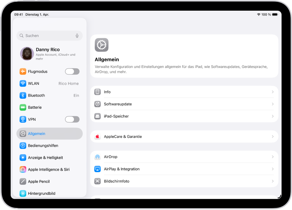 Der Home-Bildschirm des iPad mit mehreren App-Symbolen, unter anderem mit dem Symbol der App „Einstellungen“. Wenn du auf dieses Symbol tippst, kannst du unter anderem die Lautstärke und die Bildschirmhelligkeit für das iPad ändern.