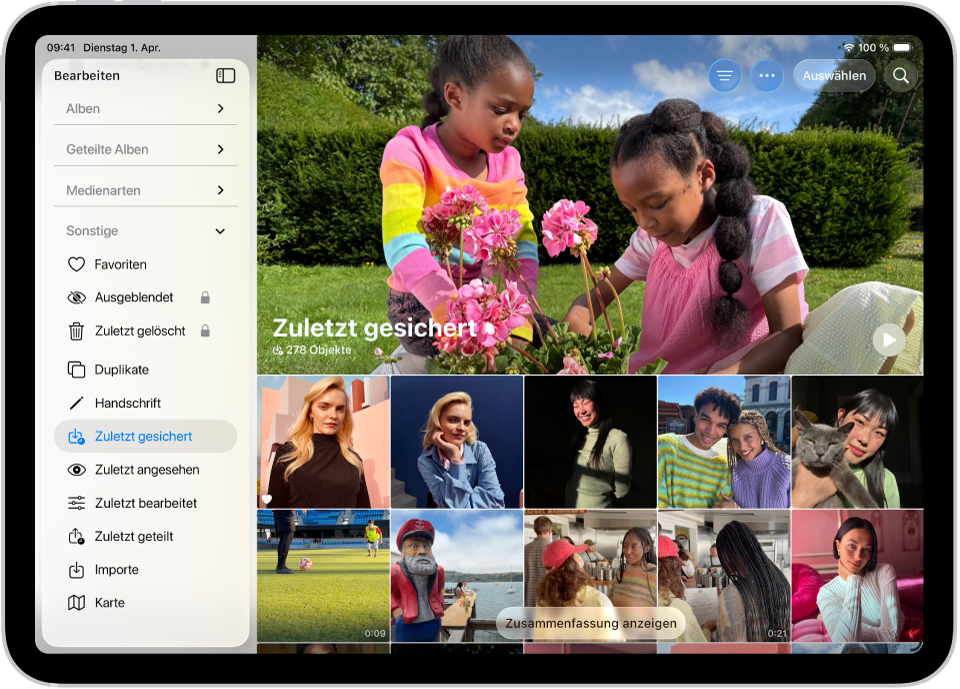Die Sammlung „Zuletzt gesichert“ ist in der App „Fotos“ geöffnet und Fotos und Videos werden angezeigt.