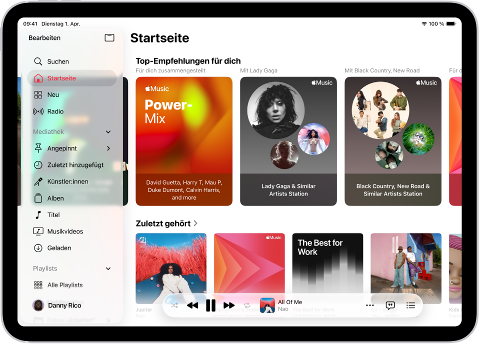 Der Tab „Startseite“ der App „Musik“ mit der Seitenleiste links und dem Bereich „Startseite“ rechts. Der Tab „Startseite“ mit Top-Empfehlungen oben. Zuletzt wiedergegebene Musik wird unten angezeigt und enthält vier Albumcover. Unten befindet sich der Mini-Player.