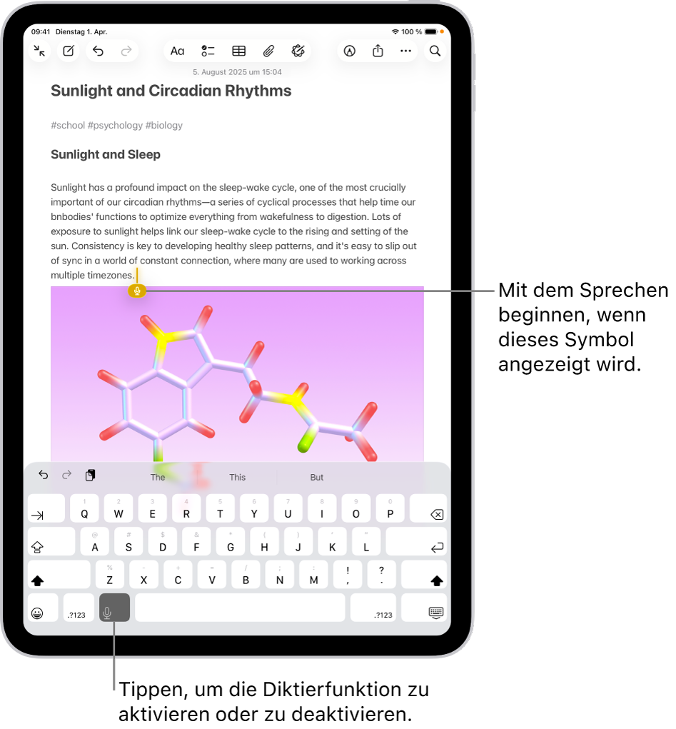 Die Bildschirmtastatur ist in der App „Notizen“ geöffnet. Die Taste „Diktieren“ unten auf der Tastatur ist ausgewählt und erscheint unter der Einfügemarke im Textfeld.