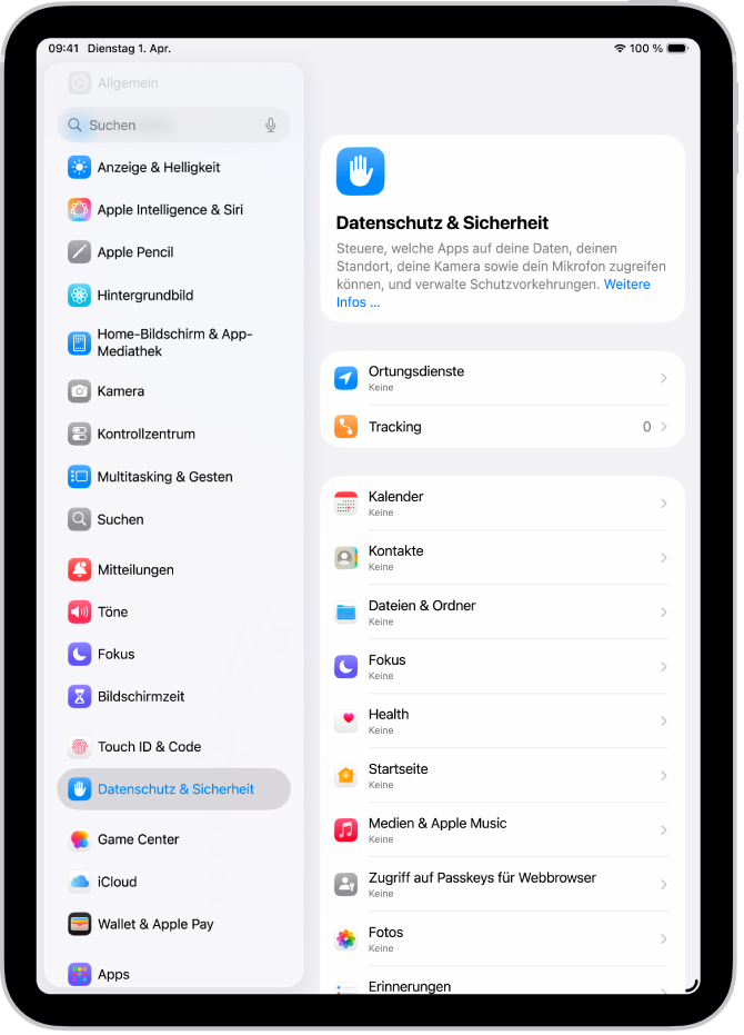 Der Bildschirm „Datenschutz & Sicherheit“ mit Einstellungen für Ortungsdienste und Tracking sowie Einstellungen zum Verwalten der Apps, die auf deine Daten zugreifen können.