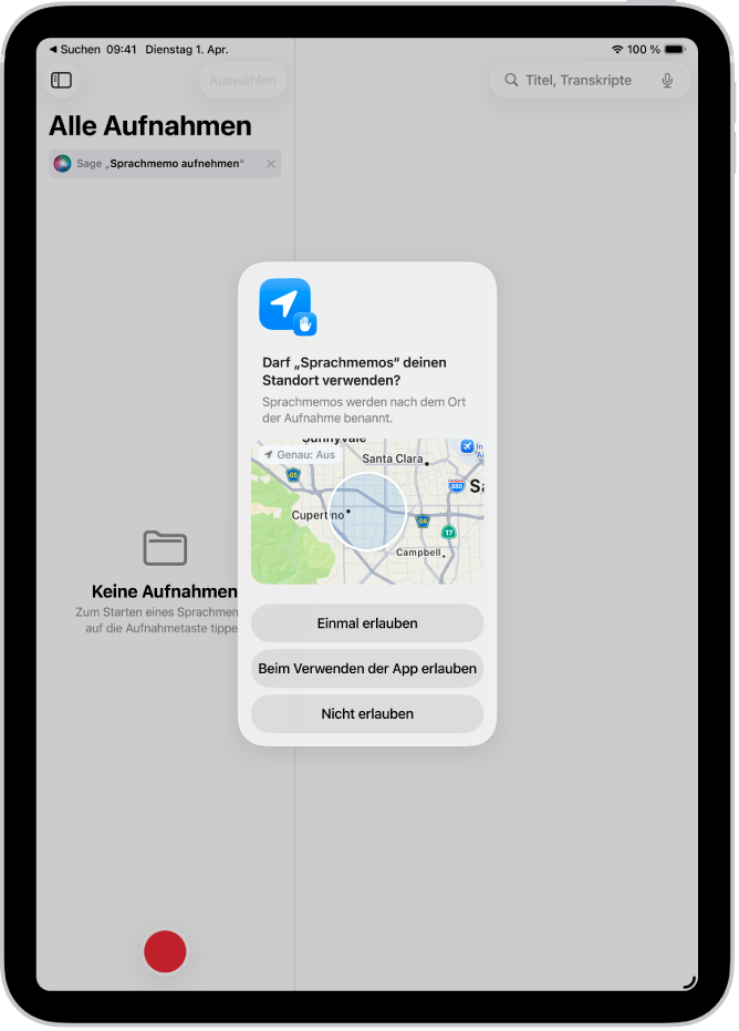 Eine App-Anfrage zur Verwendung deiner Standortdaten auf dem iPad. Die verfügbaren Optionen sind „Einmal erlauben“, „Beim Verwenden der App erlauben“ und „Nicht erlauben“.