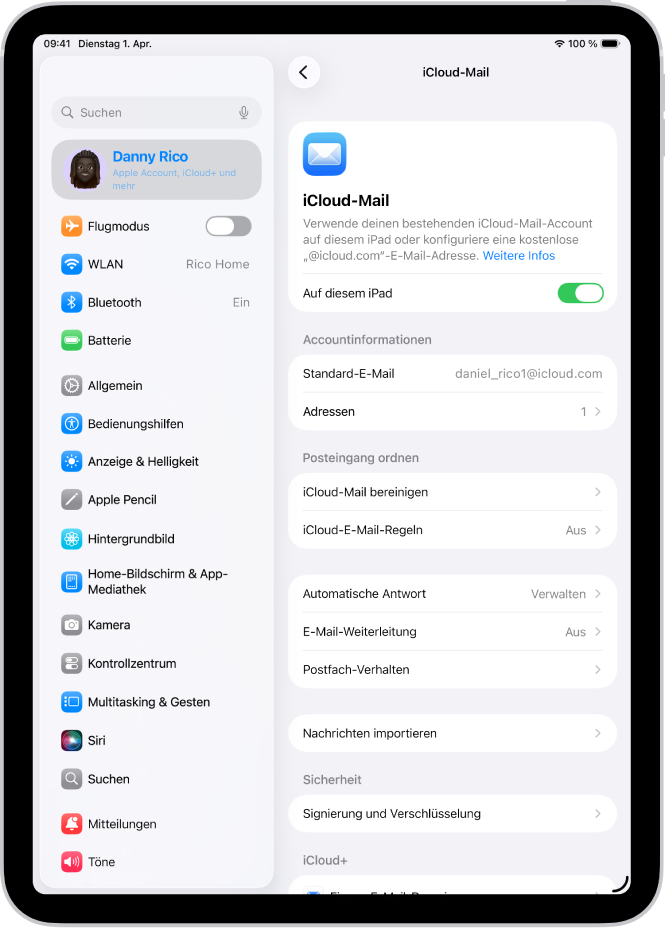Die App „Einstellungen“ mit dem geöffneten Bildschirm „iCloud Mail“. Unten im Menü befindet sich die Option „Eigene E-Mail-Domain“.