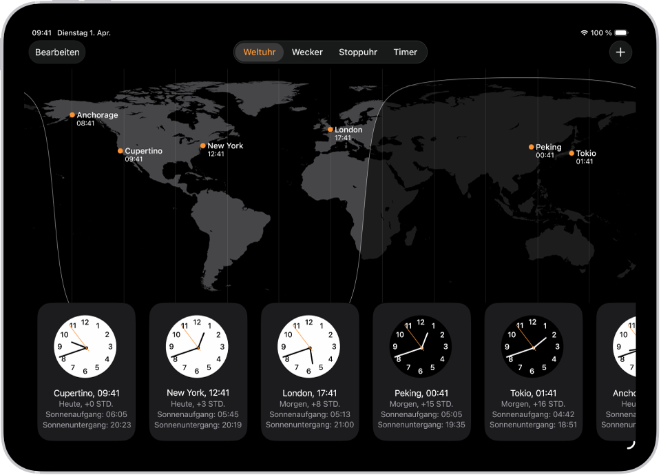 Der Tab „Weltuhr“ mit der Uhrzeit in verschiedenen Städten. Mit der Taste „Bearbeiten“ oben links kannst du Uhren neu anordnen oder löschen. Mit der Taste „Hinzufügen“ oben rechts kannst du weitere Uhren hinzufügen. Unten befinden sich Tasten „Weltuhr“, „Wecker“, „Stoppuhr“ und „Timer“.