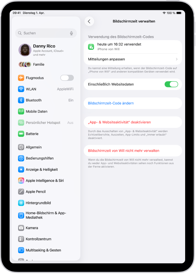 Der Bildschirm „Bildschirmzeit verwalten“ für ein Kind in einer Familie zeigt an, wann und auf welchem Gerät der Code zuletzt verwendet wurde.