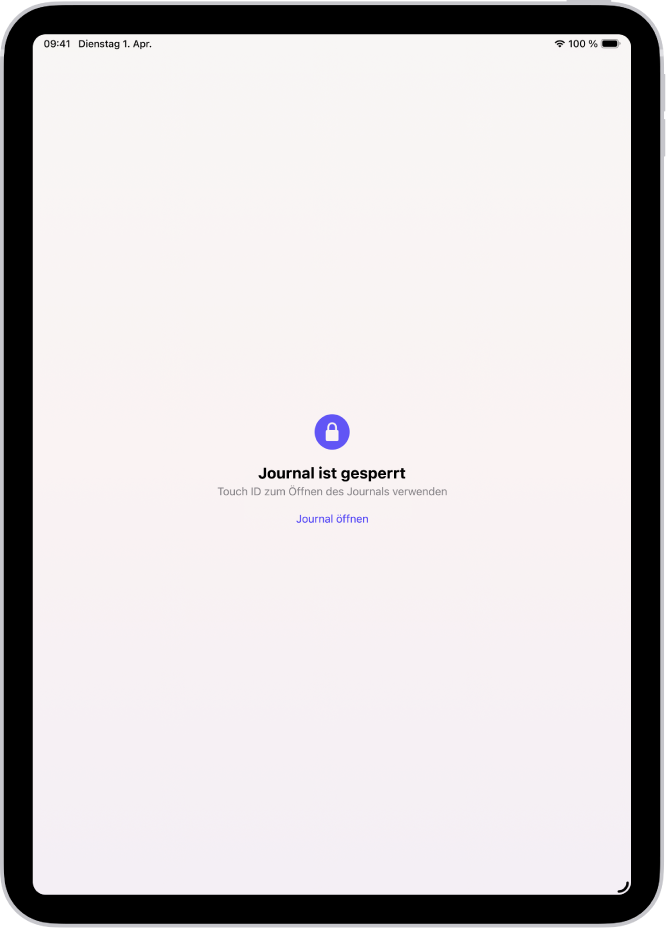 Ein Bildschirm in der App „Journal“ fordert dich auf, Touch ID zum Entsperren des Journals zu verwenden.