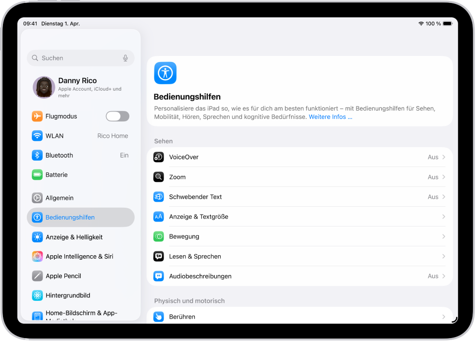 Ein Bildschirm „Einstellungen“ zeigt Bedienungshilfenoptionen, wie z. B. „VoiceOver“, „Audiobeschreibungen“ und „Schaltersteuerung“.