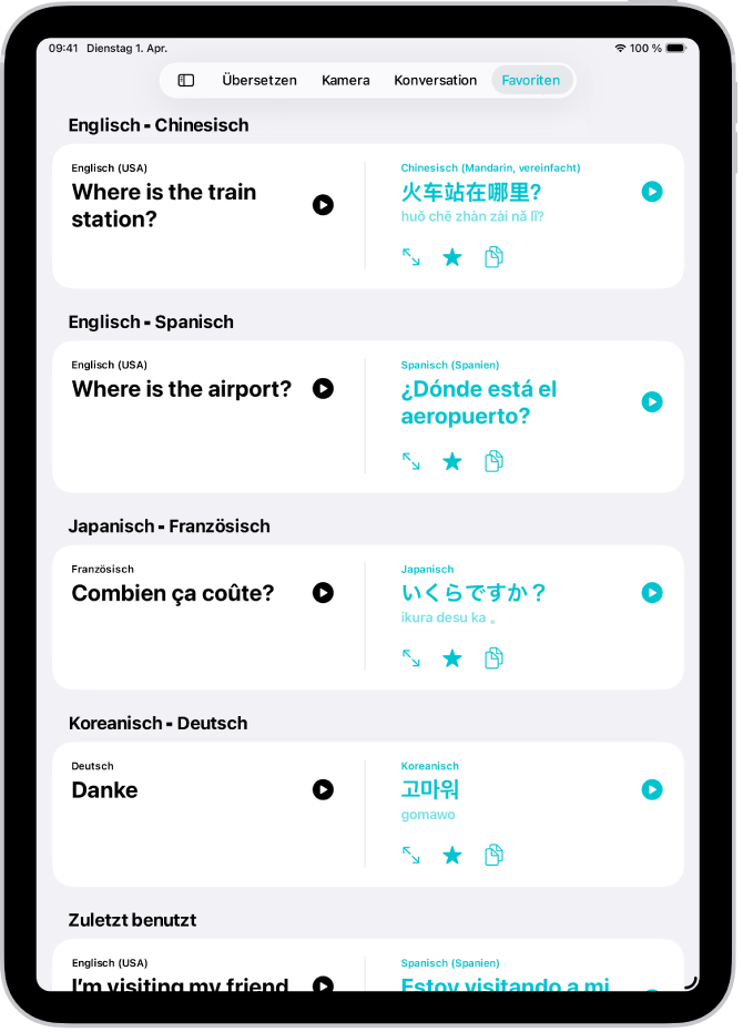 Der Tab „Favoriten“ zeigt gesicherte Sätze, die in verschiedene Sprachen übersetzt wurden.