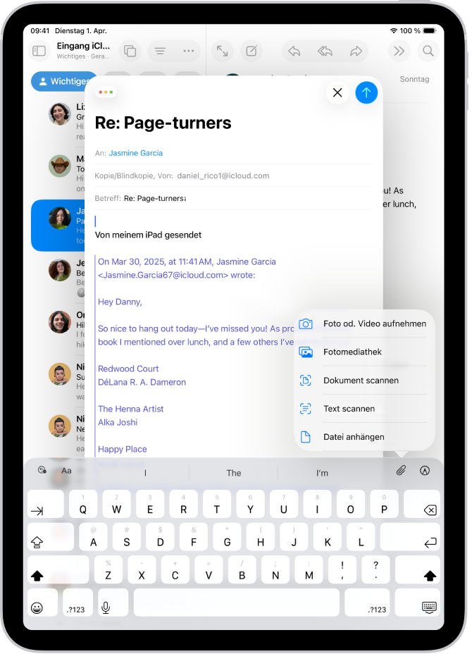 Ein Entwurf einer E-Mail mit den Optionen für Anhänge über der Tastatur.
