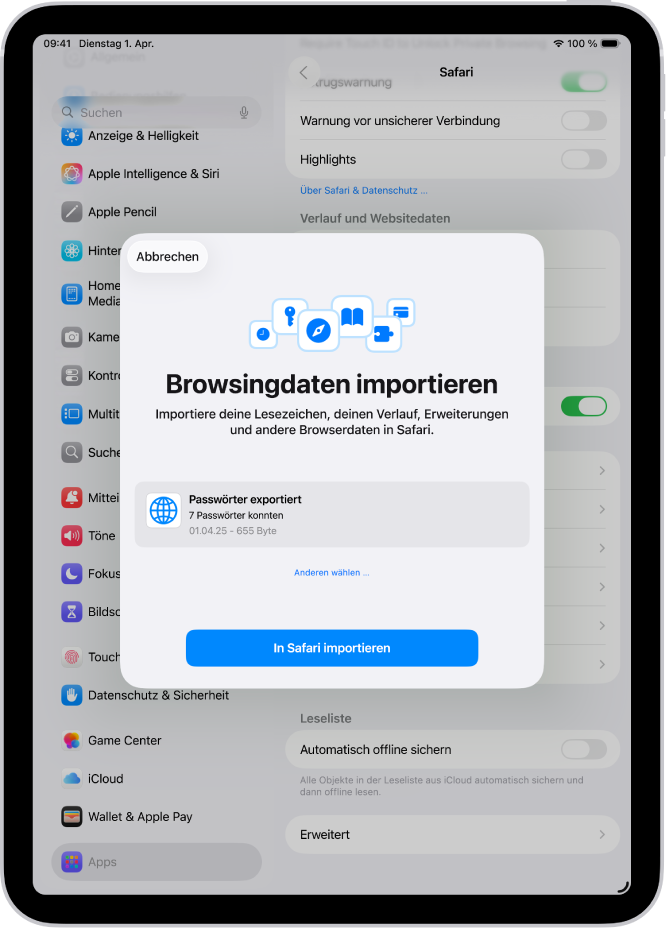 Der Bildschirm „Browsingdaten importieren“ mit der CSV-Datei mit Passwörtern von einem anderen Passwortmanager, die importiert werden soll.