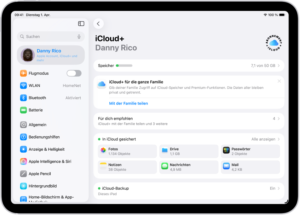 Bildschirm mit den iCloud-Einstellungen mit der Nutzungsanzeige für den Speicher und einer Liste von Diensten wie „Fotos“, „iCloud Drive“ und „iCloud-Backup“, die mit iCloud verwendet werden können.