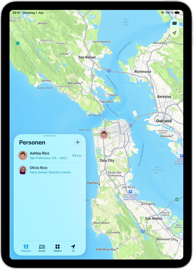 Der Bildschirm „Wo ist?“ mit geöffneter Liste „Personen“. Vier Personen sind aufgelistet: Anne Riemann, Olivia Riemann, Dörte Ramirez und Willi Riemann. Ihre Standorte werden auf einer Karte von San Francisco angezeigt.