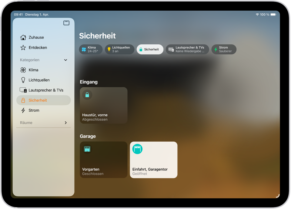 Die App „Home“ mit der Seitenleiste auf der linken Seite. Die Kategorie „Sicherheit“ ist hervorgehoben. Auf der rechten Seite ist die Kategorietaste „Sicherheit“ hervorgehoben. Darunter werden Sicherheitsgeräte wie Schlösser und Garagentore angezeigt.