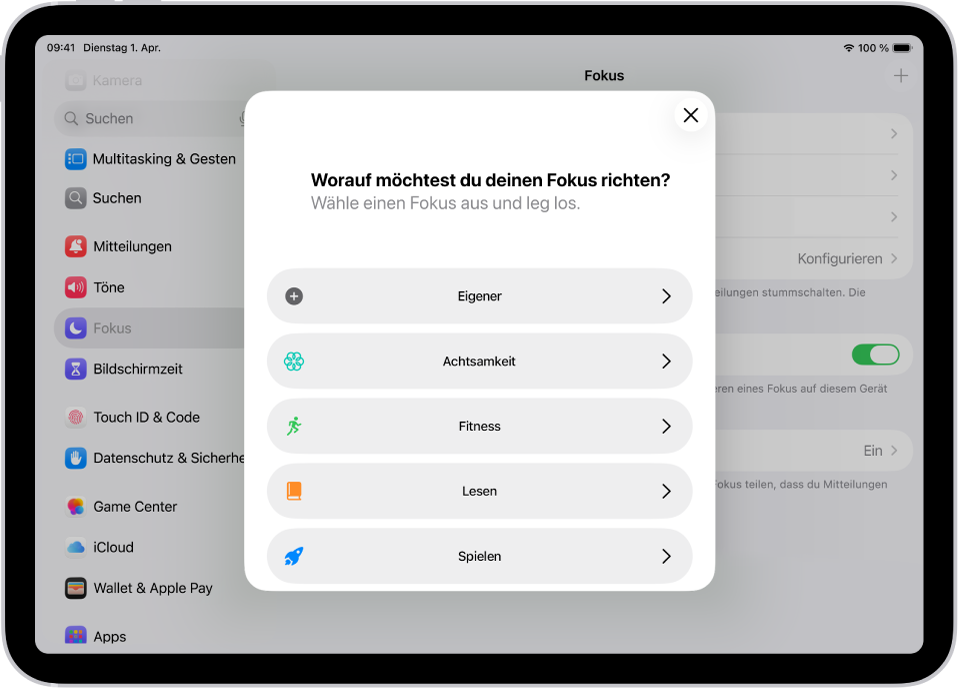 Ein Bildschirm zur Fokus-Konfiguration für eine der zusätzlich bereitgestellten Fokus-Optionen wie „Eigener“, „Fitness“, „Spielen“, „Achtsamkeit“ und „Lesen“.