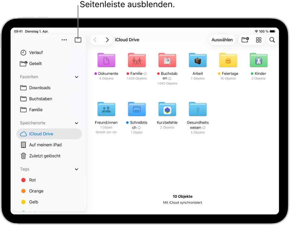 Die App „Dateien“ zeigt die Dateien und Ordner in iCloud Drive. Oben auf dem Bildschirm befinden sich Tasten zum Auswählen von Objekten, Erstellen eines neuen Ordners, Ändern der Darstellung (Liste, Symbole, Spalten) und zum Suchen.