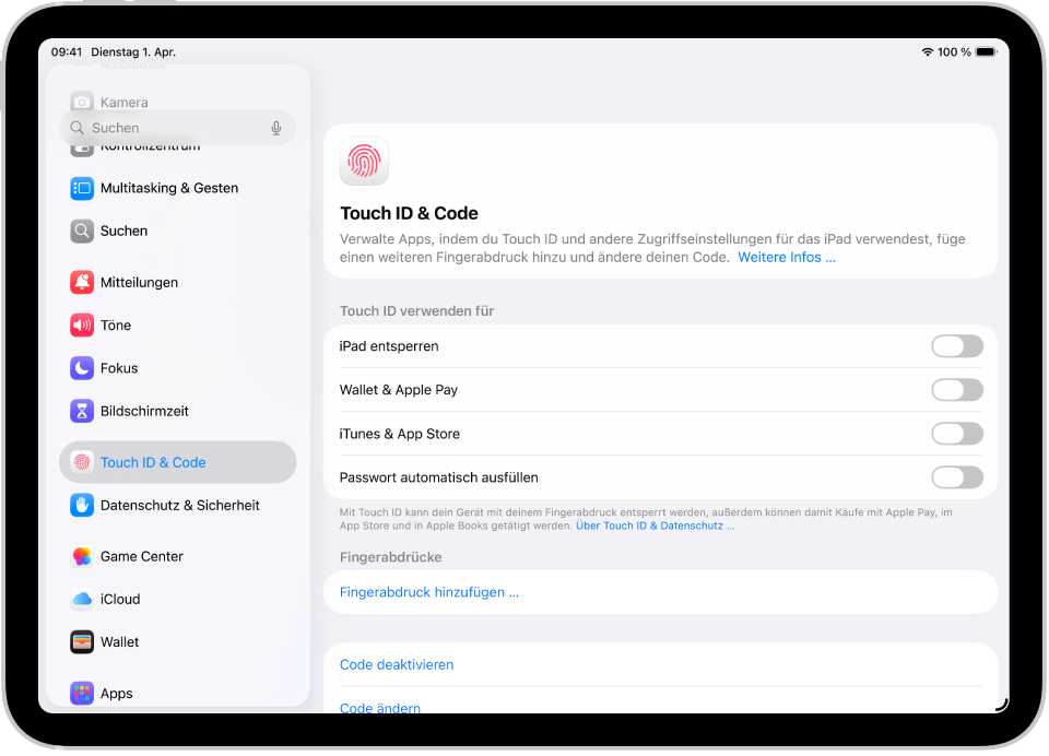 Ein Bildschirm zeigt Einstellungen für „Touch ID & Code“ mit Optionen zum Hinzufügen eines Fingerabdrucks und zum Aktivieren des Codes.