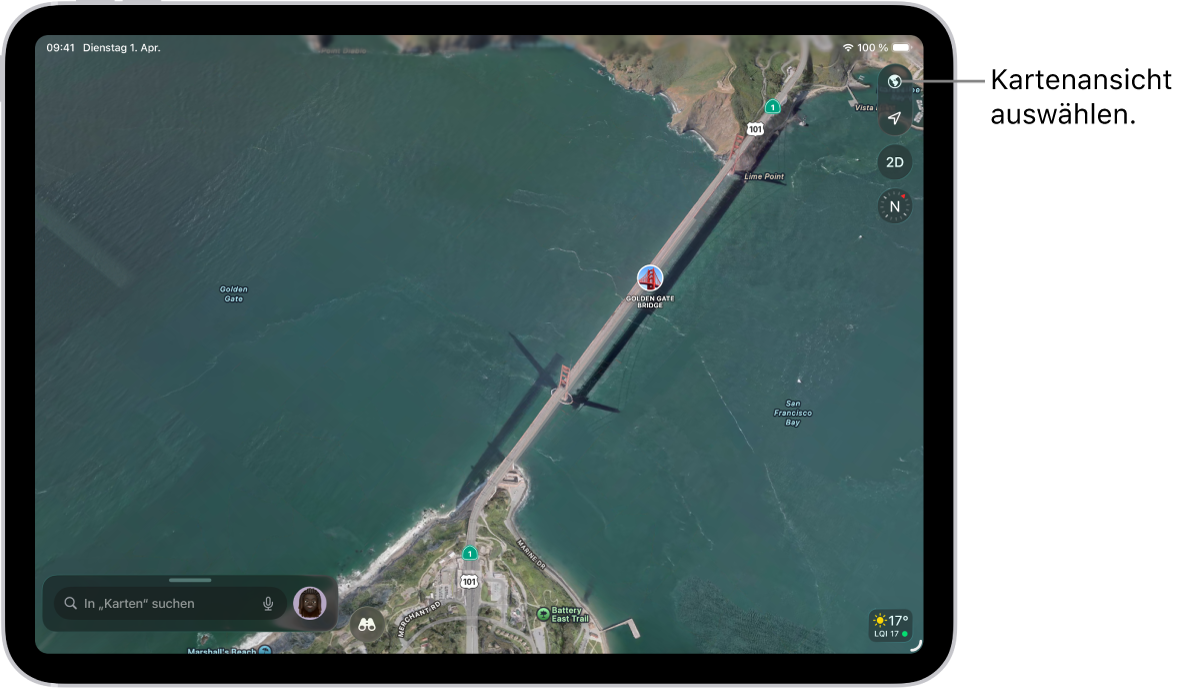 Eine Straßen- und Parkkarte in mit Bäumen, Sehenswürdigkeiten und Orten, wie Wanderwegen und Aussichtspunkten.
