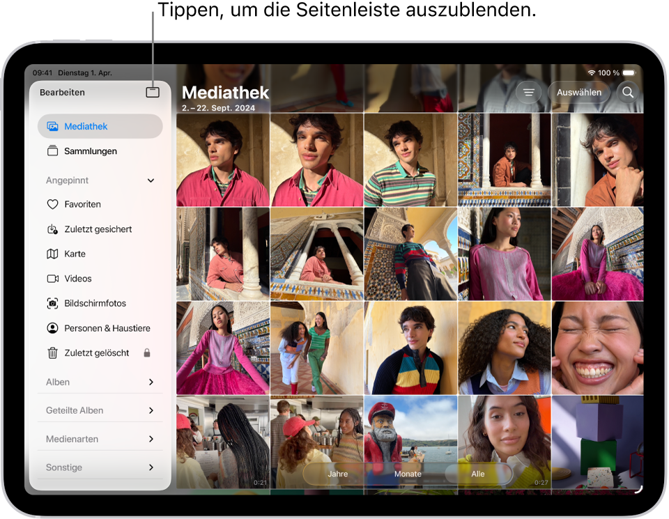 Die App „Fotos“ ist geöffnet und der Tab „Mediathek“ ist in der Seitenleiste ausgewählt.