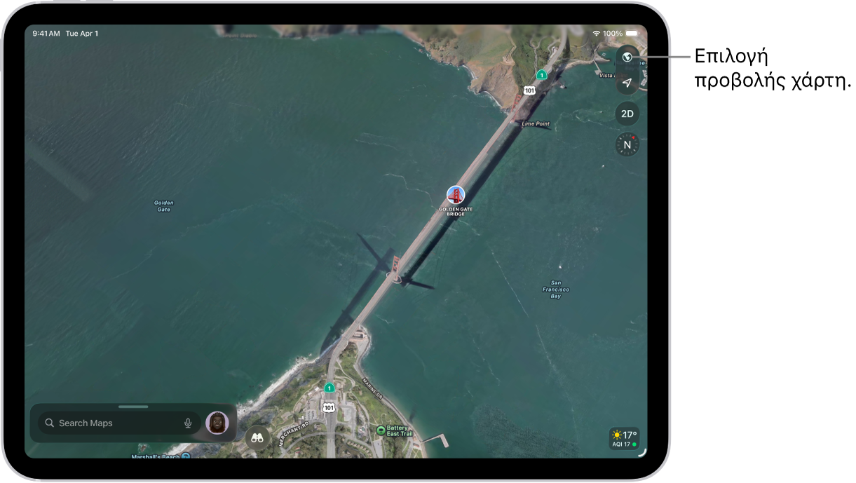 Ένας οδικός χάρτης ενός πάρκου που εμφανίζει δέντρα, σημεία ενδιαφέροντος και τοποθεσίες, όπως μονοπάτια και σημεία θέας.