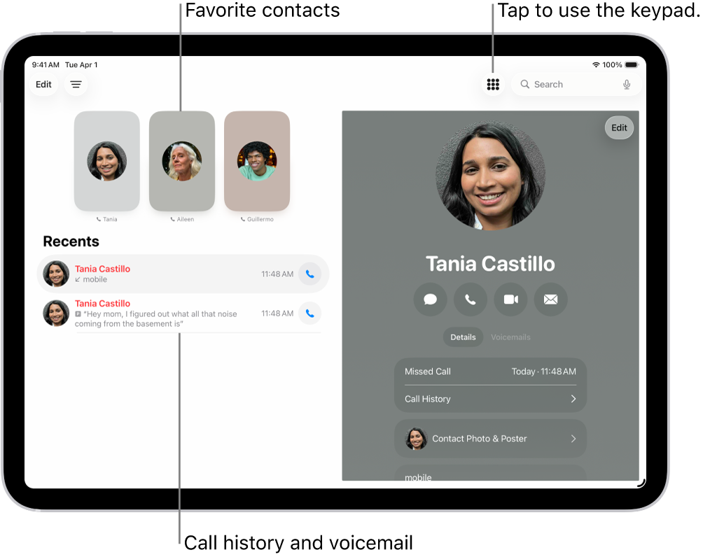 The Phone app, with Favorite contacts on the left side of the screen. Below the Favorites is a list of recent calls and voicemail. The contact information appears on the right side of the screen, with the Keypad button in the top right of the screen.