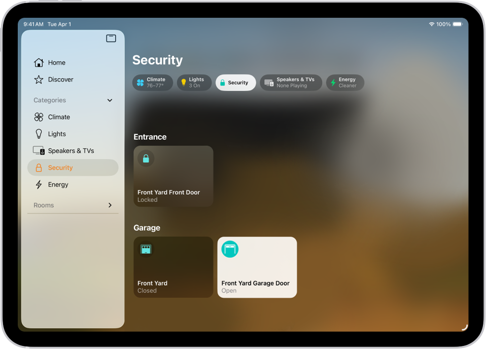 The Home app with the sidebar on the left. Security is highlighted. On the right, the Security category button is highlighted. Below are security accessories such as locks and garage doors.