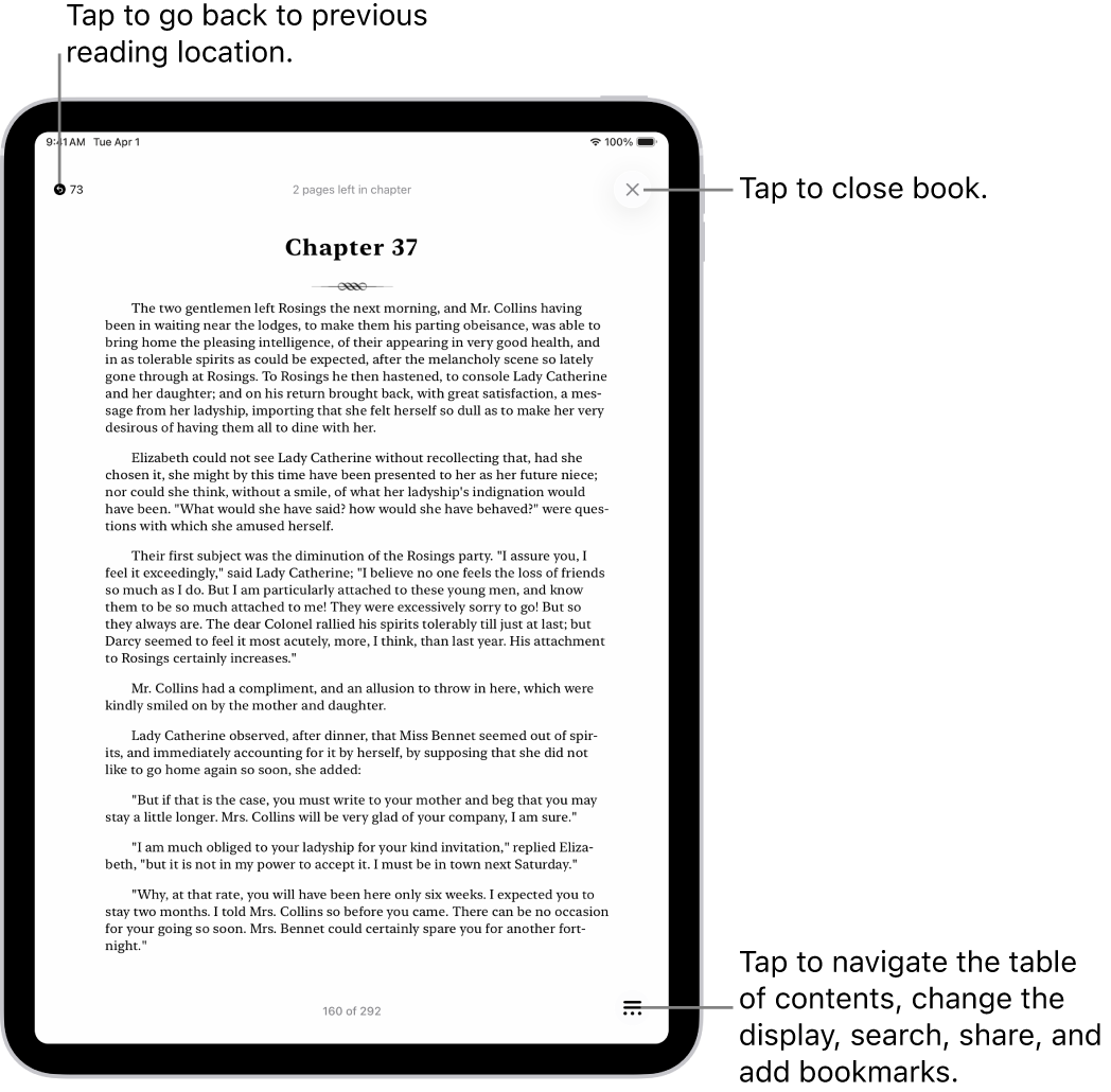A page of a book in the Books app. At the top of the screen are the buttons for returning to the page on which you began reading and for closing the book. At the bottom right of the screen is the Menu button.
