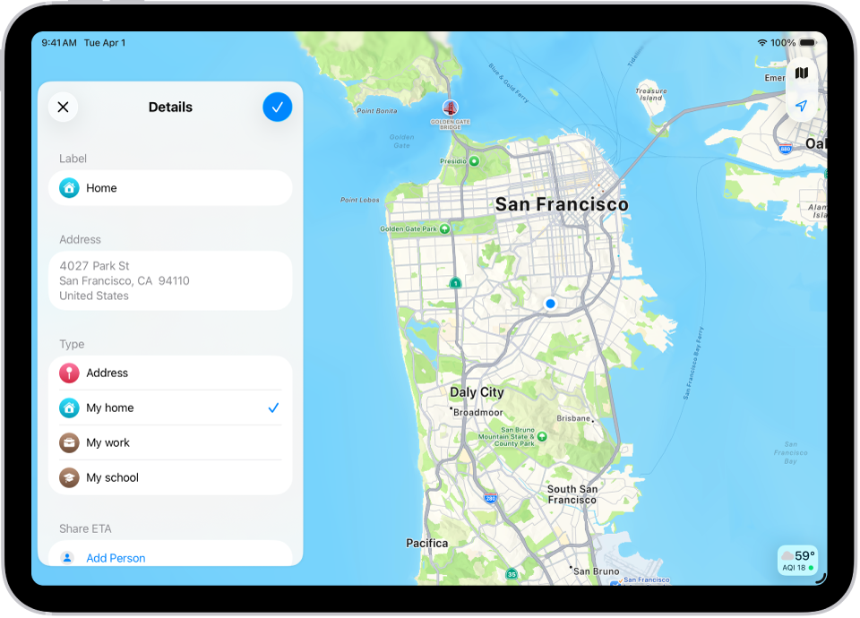 The Maps app showing the Details screen with options to set an address as home, work, or school.
