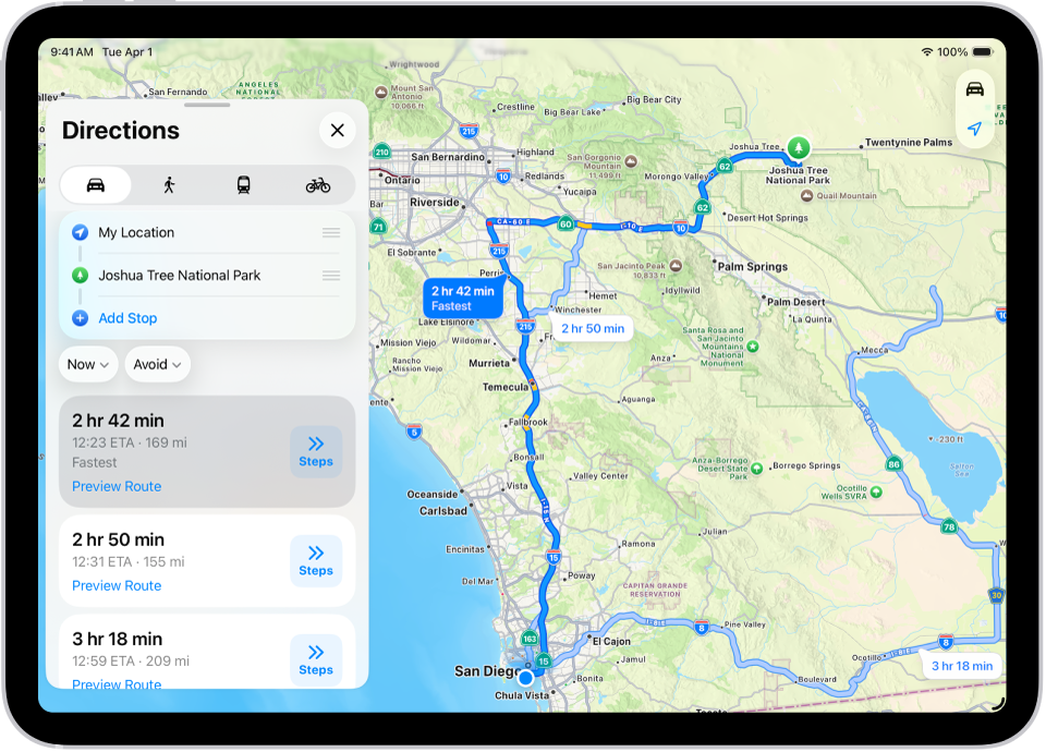 An iPad showing a map with several driving route options to the same destination. Each route shows the estimated time and distance, and a Steps button to see detailed directions. Color coding on each route indicates traffic conditions.