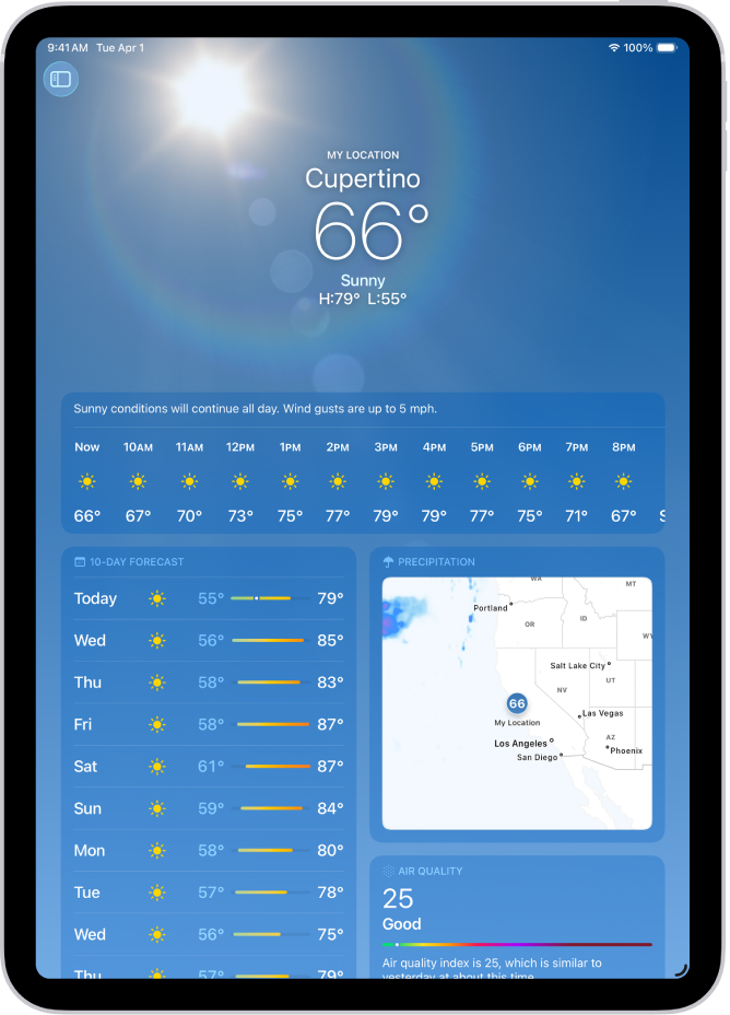 The Weather screen, showing the location, current temperature, the high and low temperatures for the day, hourly forecast, and 10-day forecast on the left side of the screen and a precipitation map and air quality scale on the right side of the screen.