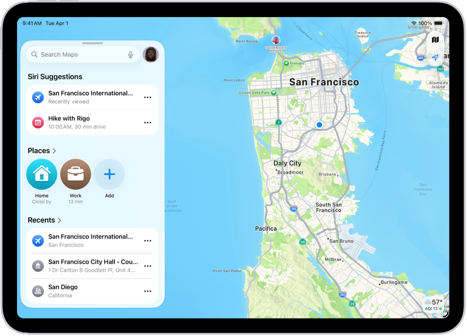 The Maps app showing a map of an area. The search field is in the top left, and below it are Siri Suggestions, pinned places in Places, and recent searches.