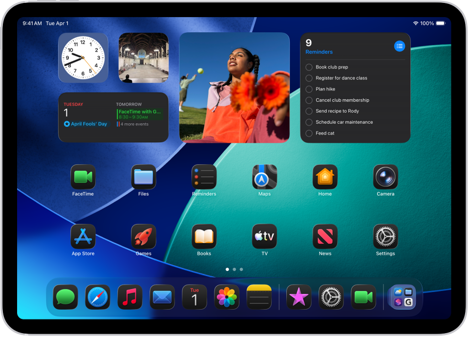 The iPad Home Screen with Dark Mode on.
