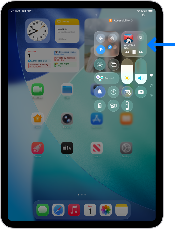 The iPad Control Center showing an arrow pointing to the audio card where you can control music from the Lock Screen or when using another app.