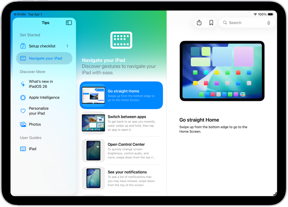 A screen showing a collection of Tips in the sidebar on the left, and a selected tip open on the right.