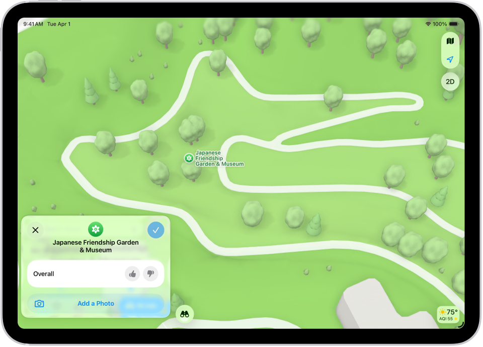 iPad with a place card with an overall rating for a location, photos, and buttons to add or browse photos or rate the place.
