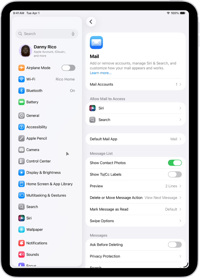 The Mail settings screen.