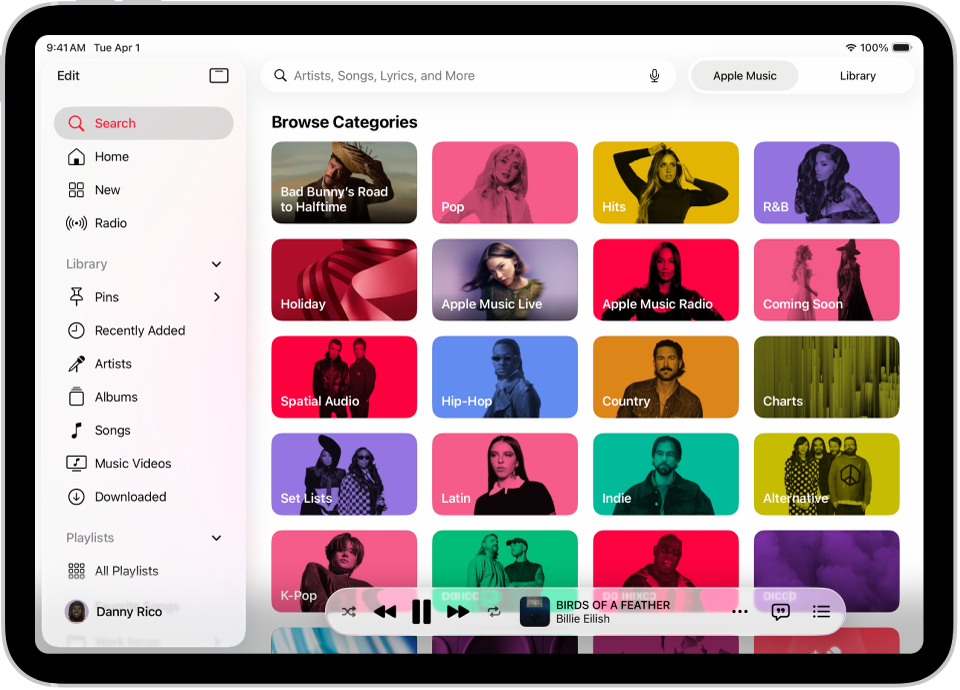 The Search tab showing the sidebar at the left and a search field at the top right. Below the search field, various categories of music appear. The MiniPlayer is at the bottom.