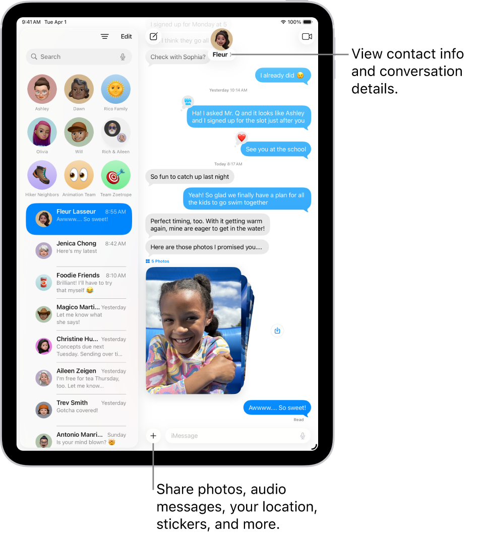 A Messages conversation list on the left and a conversation transcript on the right. At the top, tapping the contact icon opens conversation details.