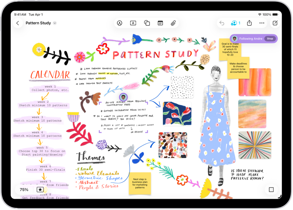 Someone is following another person’s Freeform board. The other person’s selection is marked with and avatar and color tick marks.