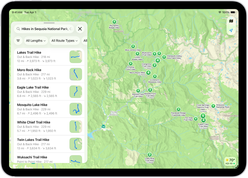 The Maps app showing results matching a search for hikes in a national park.