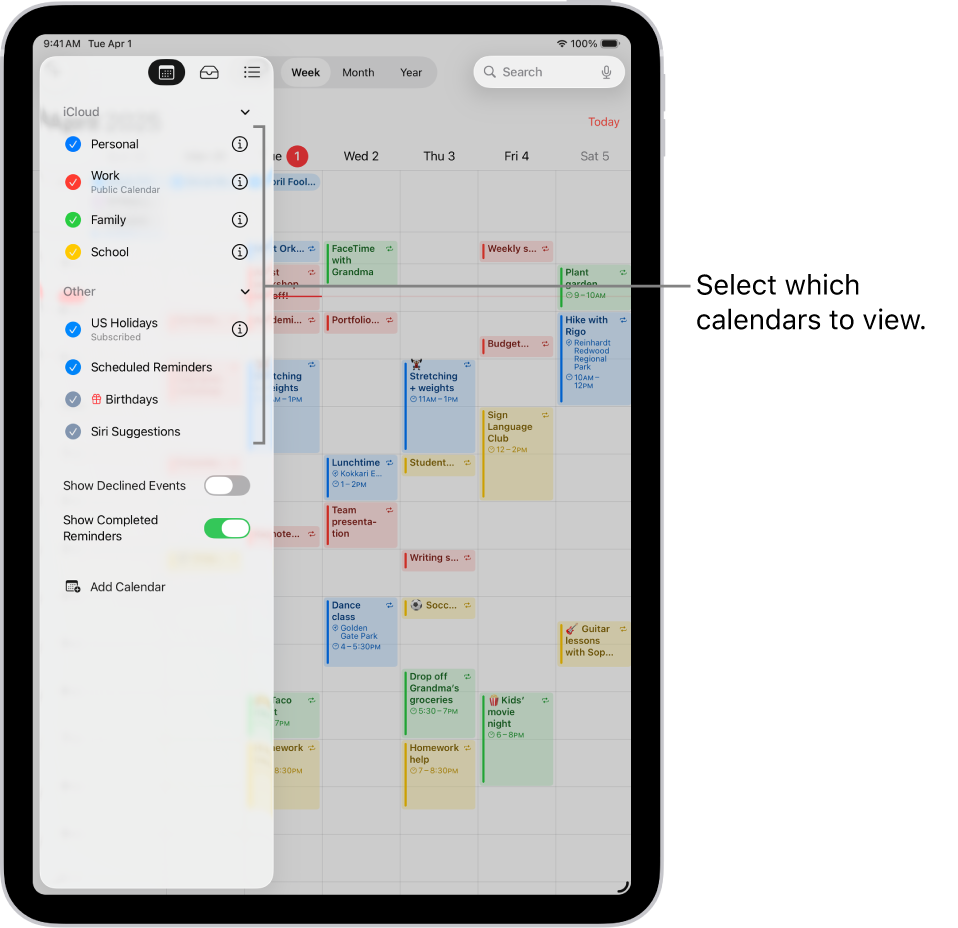The Calendars list, with checkmarks indicating which calendars are active. The Done button for closing the list is in the top-right corner. The Add Calendar button is in the bottom-left corner.