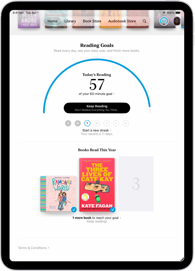 The Reading Goals screen showing stats for the user—such as today’s reading, their reading record for the week, and their books read this year.