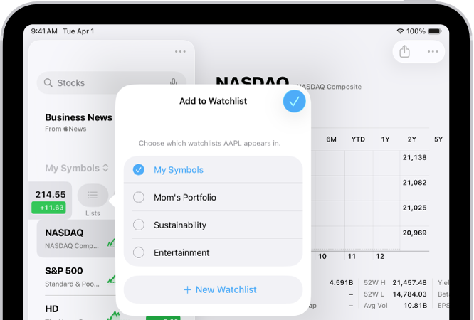 A list of customized watchlists in the Stocks app: My Symbols, Mom’s Portfolio, Sustainability, and Entertainment.