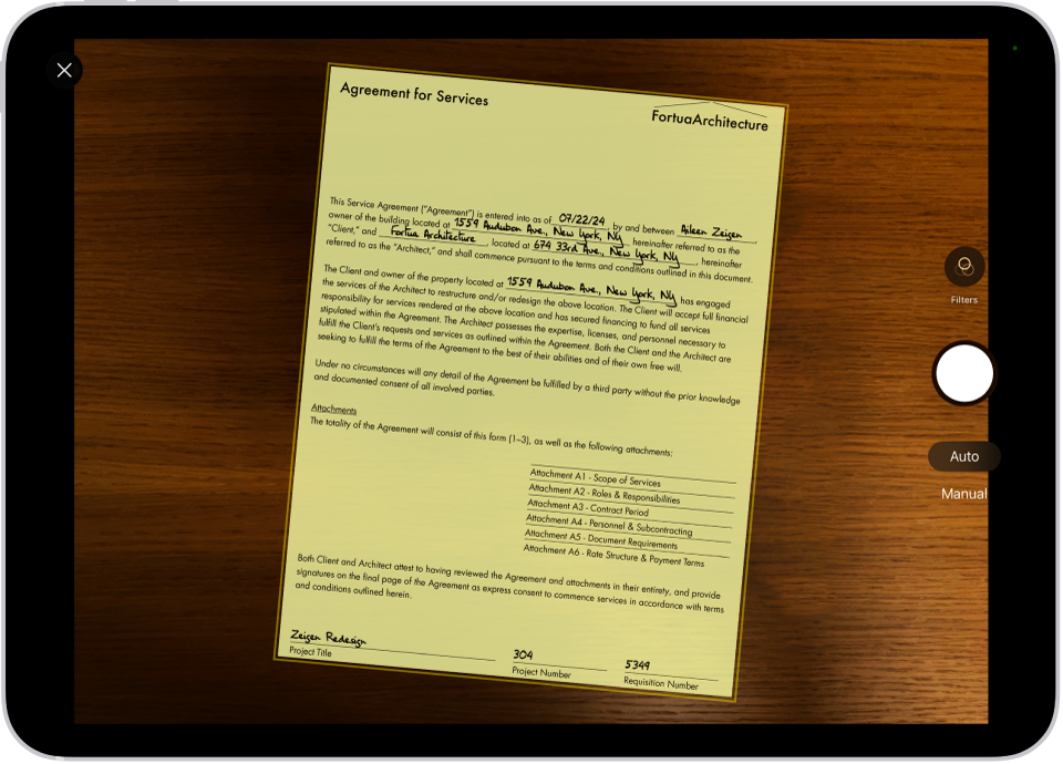 A screen showing a document being scanned.The Take Picture button is on the right.